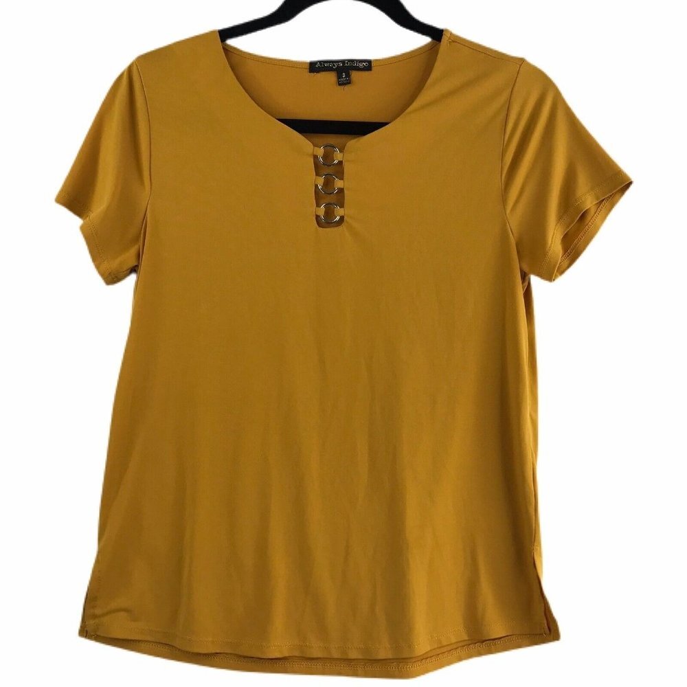 Always Indigo Womens Blouse Top Size Small Gold Slinky Stretch Short Sleeve EUC